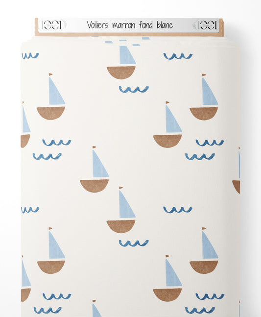 Tissu - Voiliers marron sur fond blanc