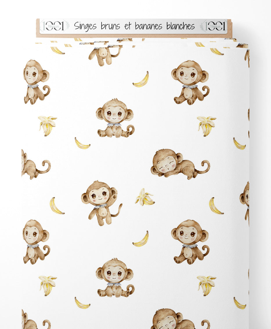 Tissu - Singes bruns et bananes blanches