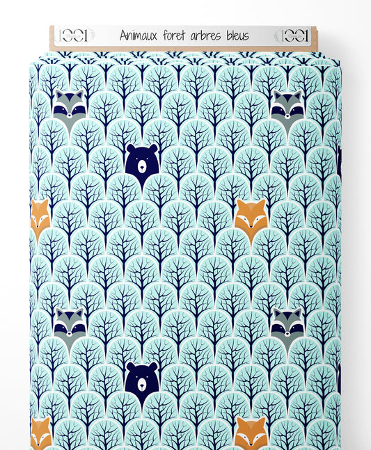 Tissu - Animaux forêt arbres bleus