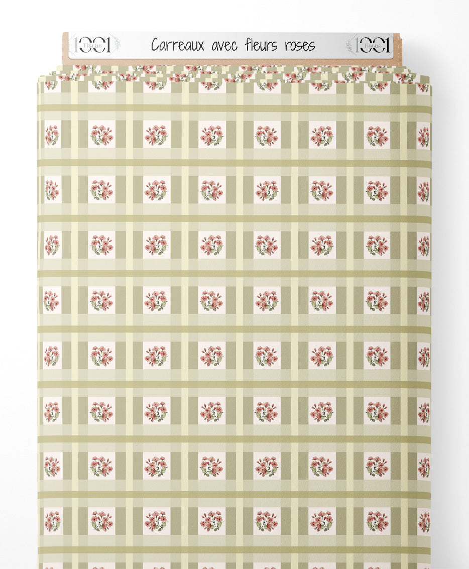 Tissu - Carreaux avec fleurs roses