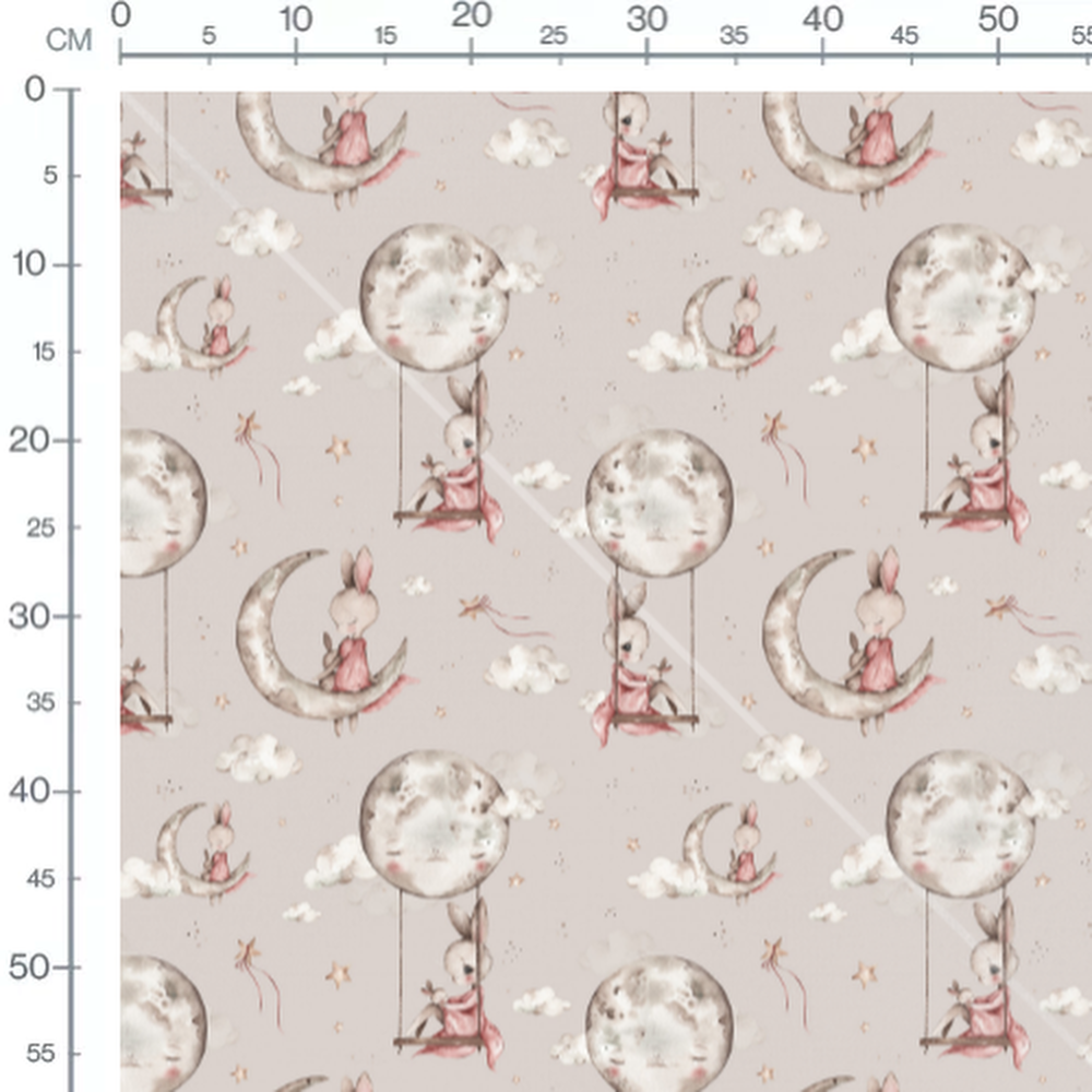 Tissu - Lapins sur lunes et ciel beige