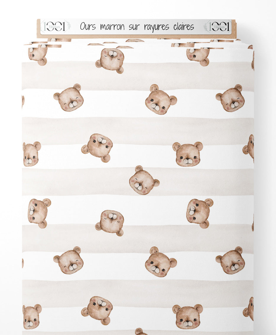 Tissu - Ours marron sur rayures claires