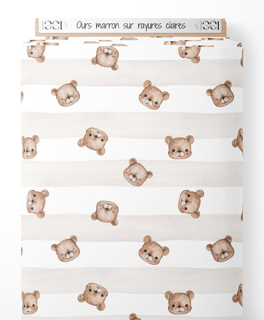Tissu - Ours marron sur rayures claires