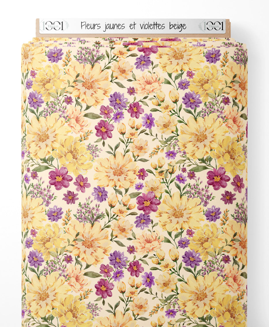Tissu - Fleurs jaunes et violettes beige