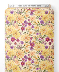 Tissu - Fleurs jaunes et violettes beige