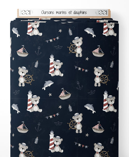 Tissu - Oursons marins et dauphins