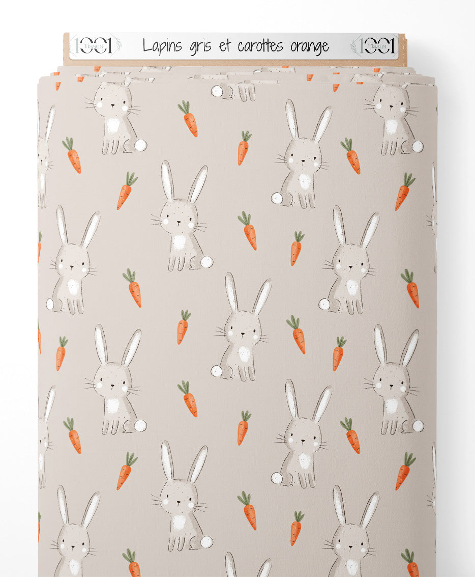Tissu - Lapins gris et carottes orange