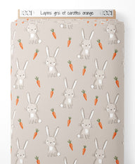 Tissu - Lapins gris et carottes orange
