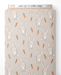 Tissu - Lapins gris et carottes orange