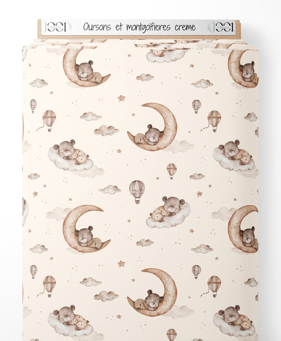 Tissu - Oursons et montgolfières crème