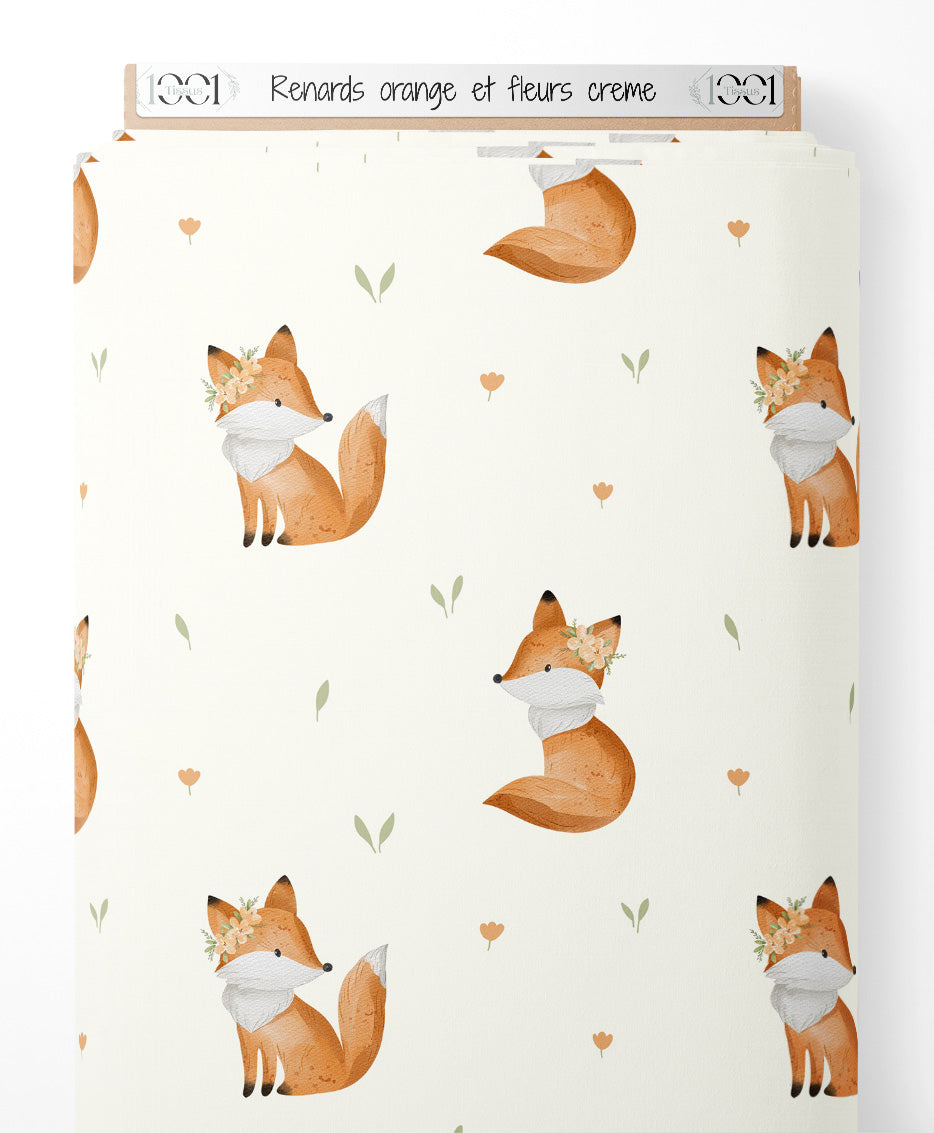 Tissu - Renards orange et fleurs crème