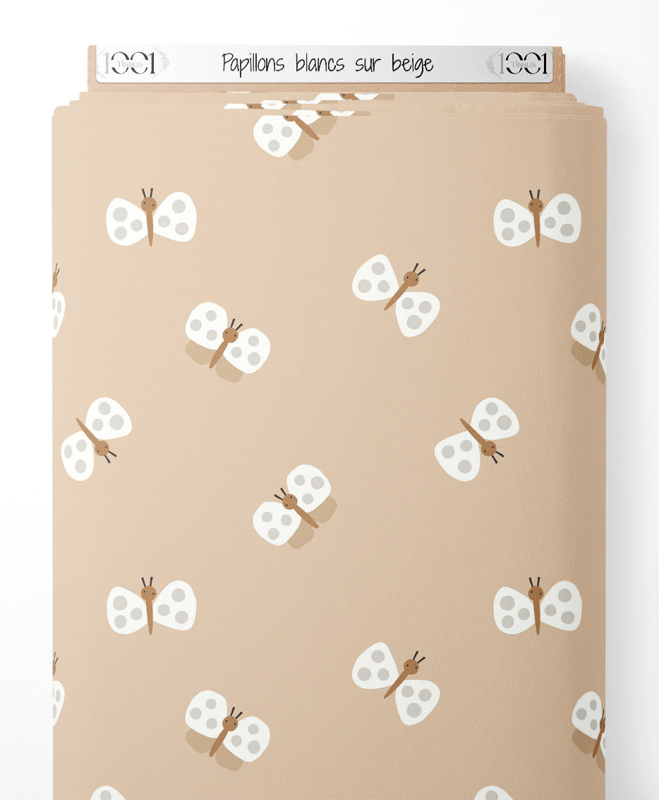Tissu - Papillons blancs sur beige