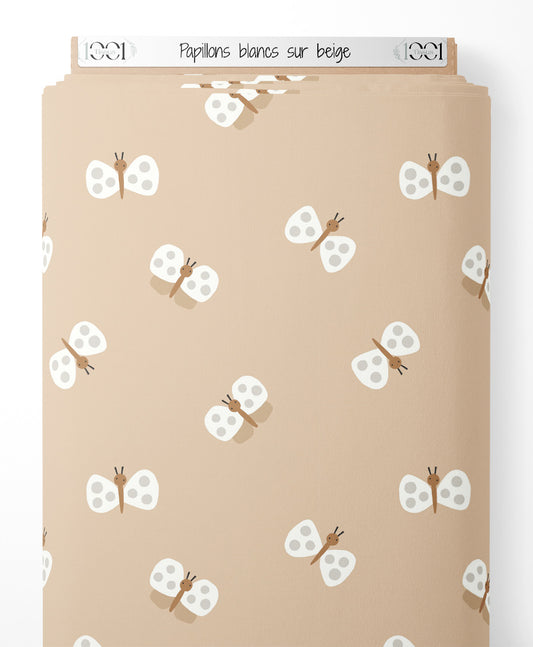 Tissu - Papillons blancs sur beige