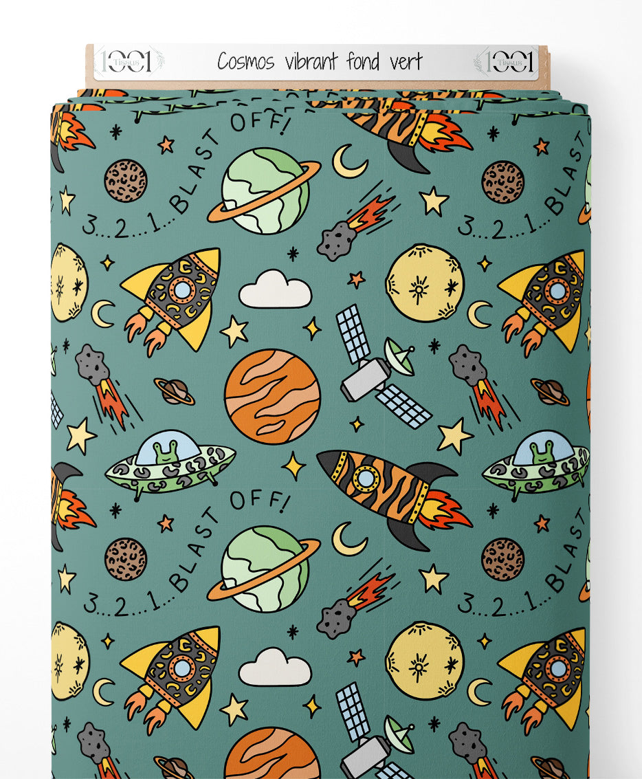 Tissu - Cosmos vibrant sur fond vert