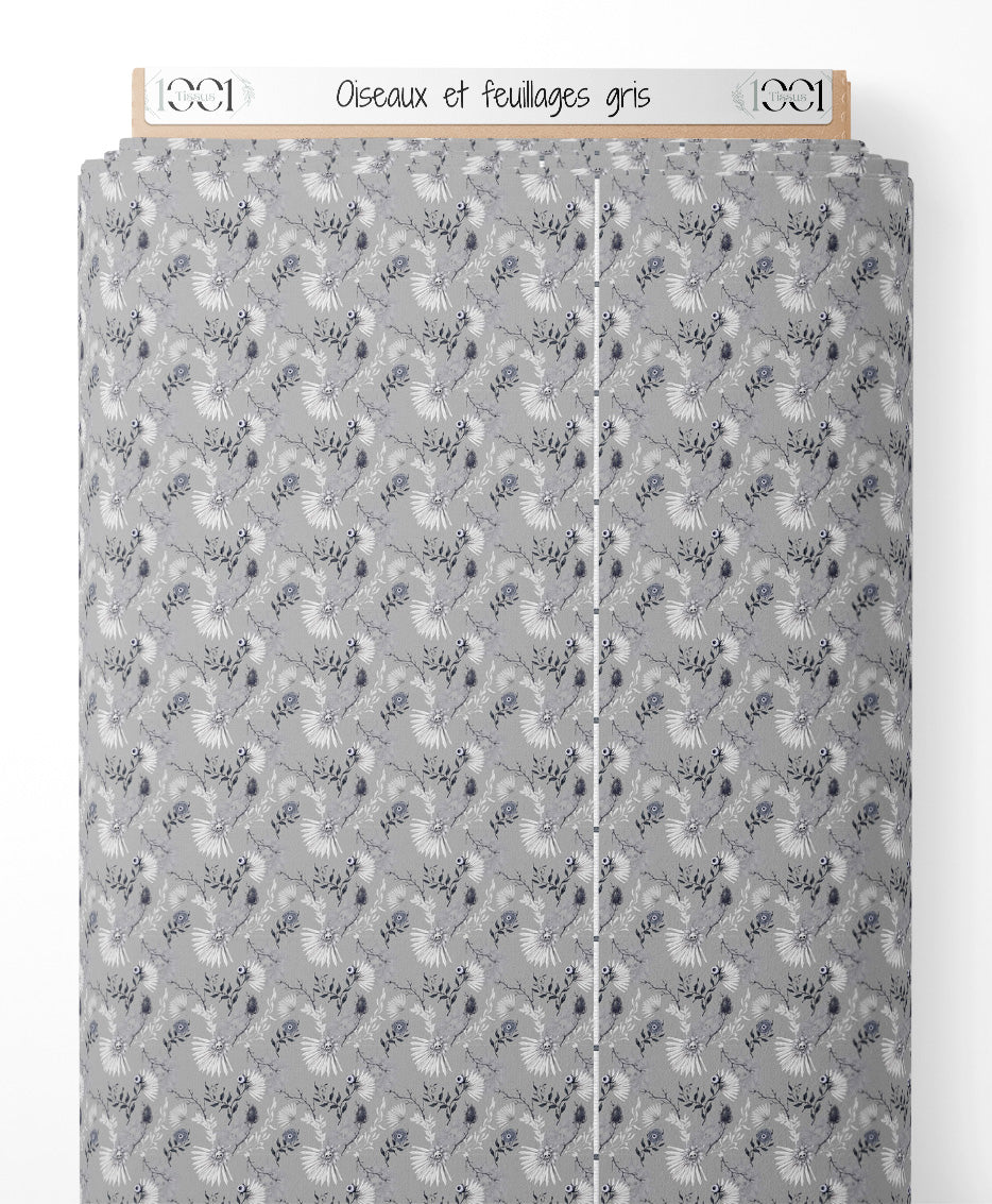 Tissu - Oiseaux et feuillages gris