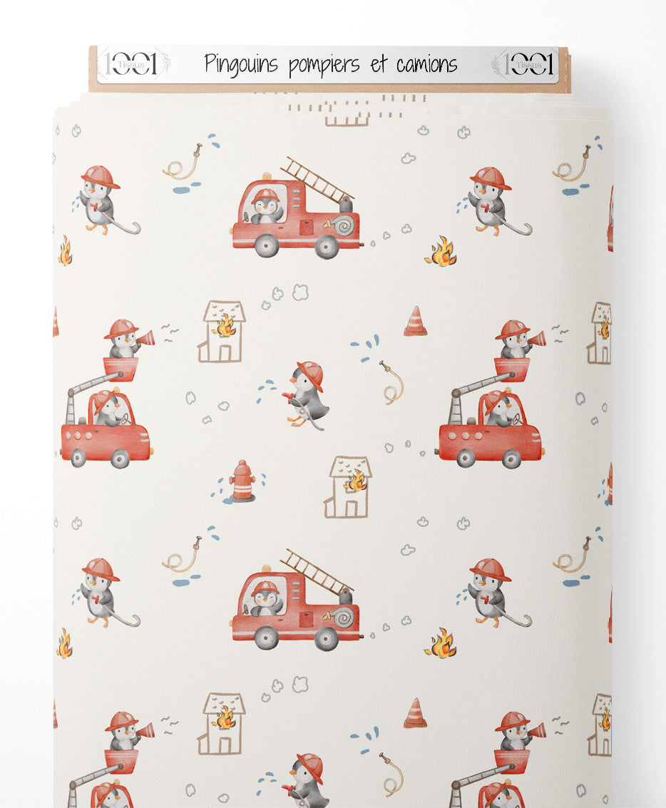 Tissu - Pingouins pompiers et camions