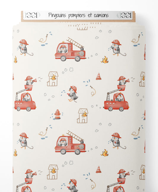 Tissu - Pingouins pompiers et camions