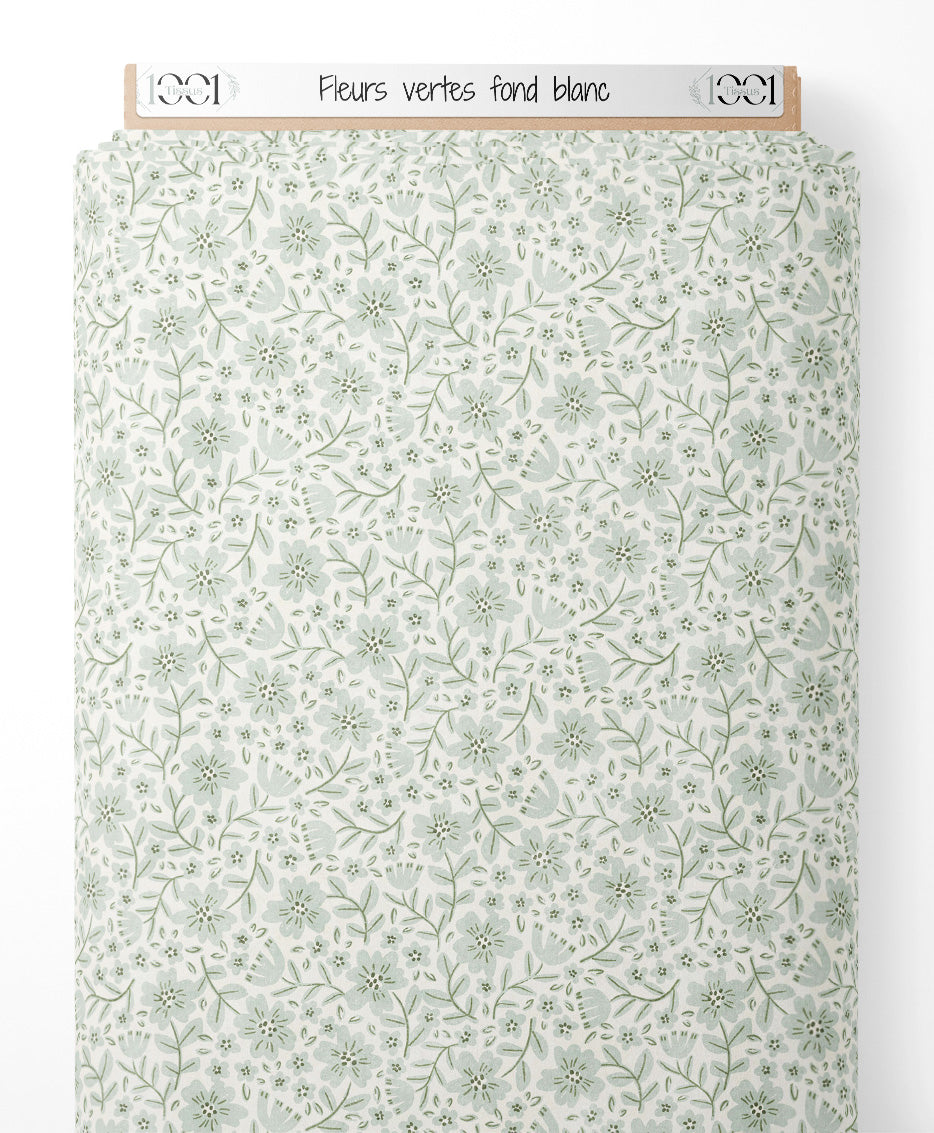 Tissu - Fleurs vertes sur fond blanc