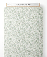 Tissu - Fleurs vertes sur fond blanc