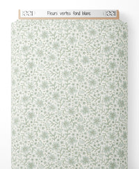 Tissu - Fleurs vertes sur fond blanc