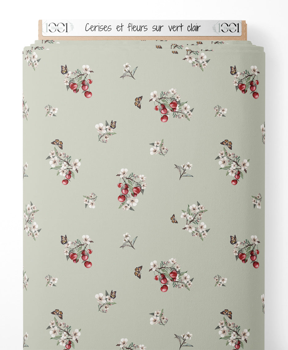 Tissu - Cerises et fleurs sur vert clair