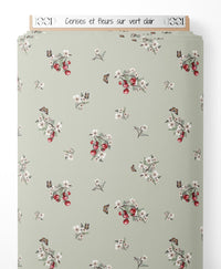Tissu - Cerises et fleurs sur vert clair