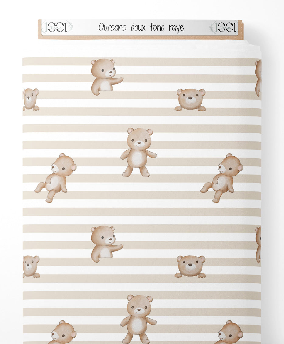 Tissu - Oursons doux sur fond rayé