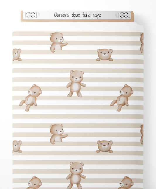 Tissu - Oursons doux sur fond rayé