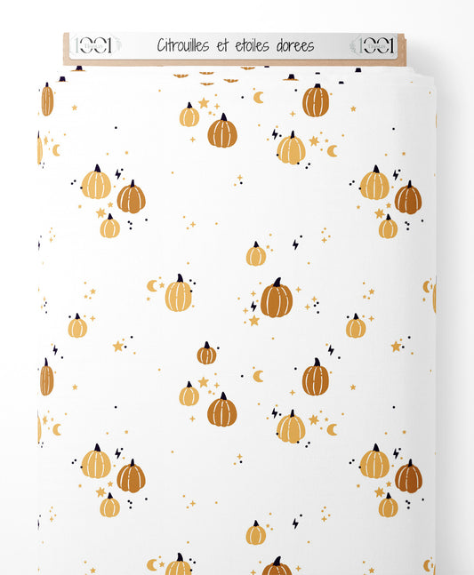 Tissu - Citrouilles et étoiles dorées