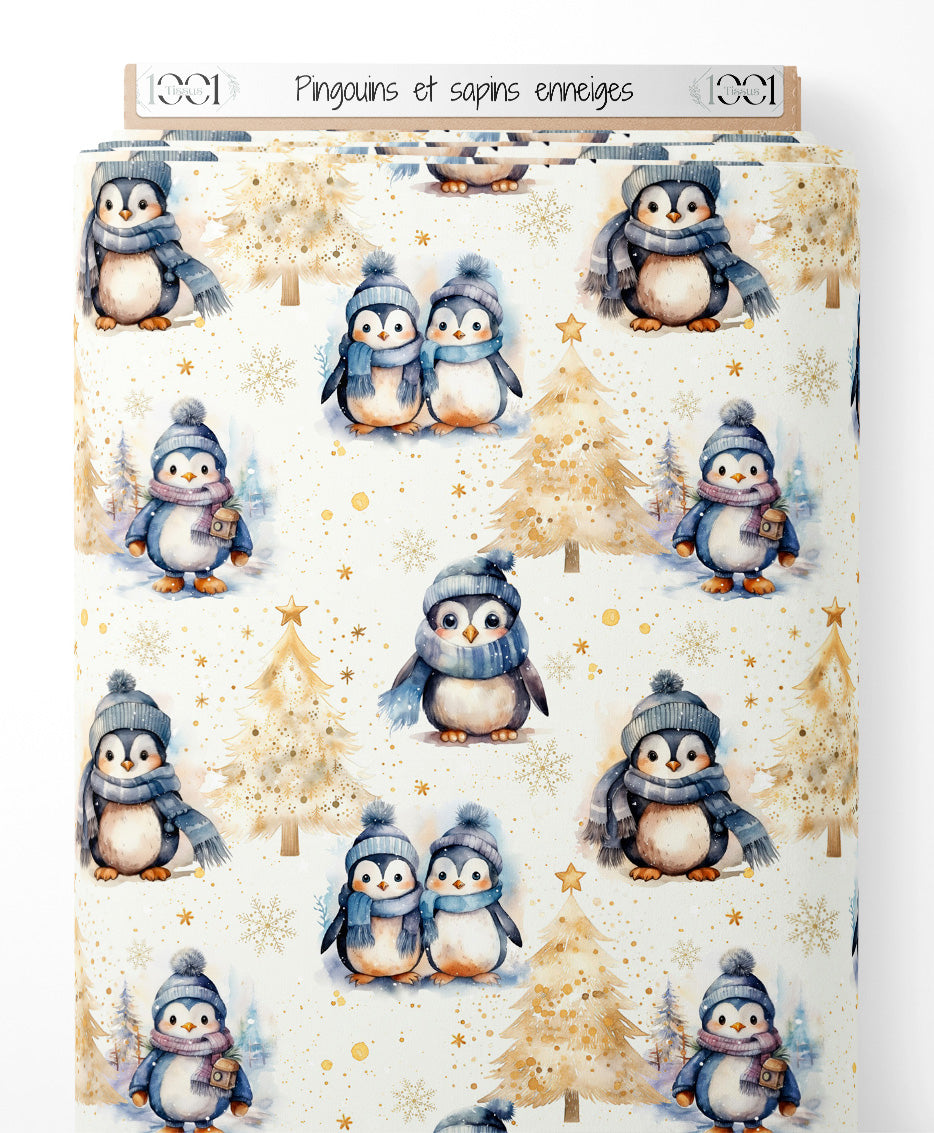 Tissu - Pingouins et sapins enneigés
