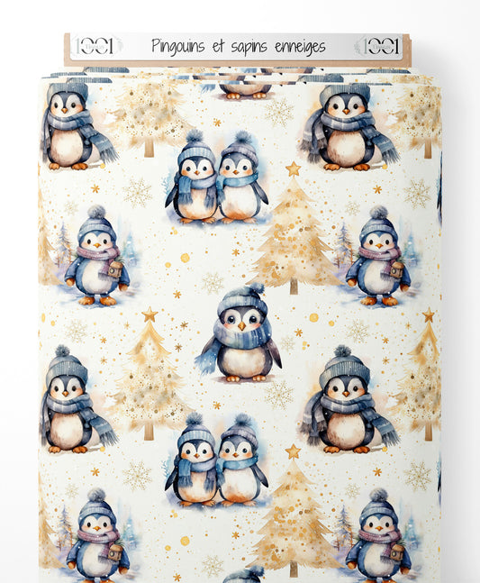 Tissu - Pingouins et sapins enneigés