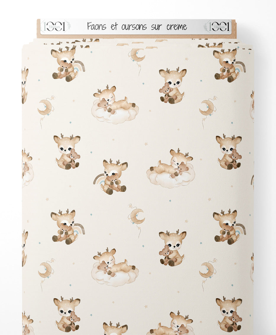 Tissu - Faons et oursons sur crème