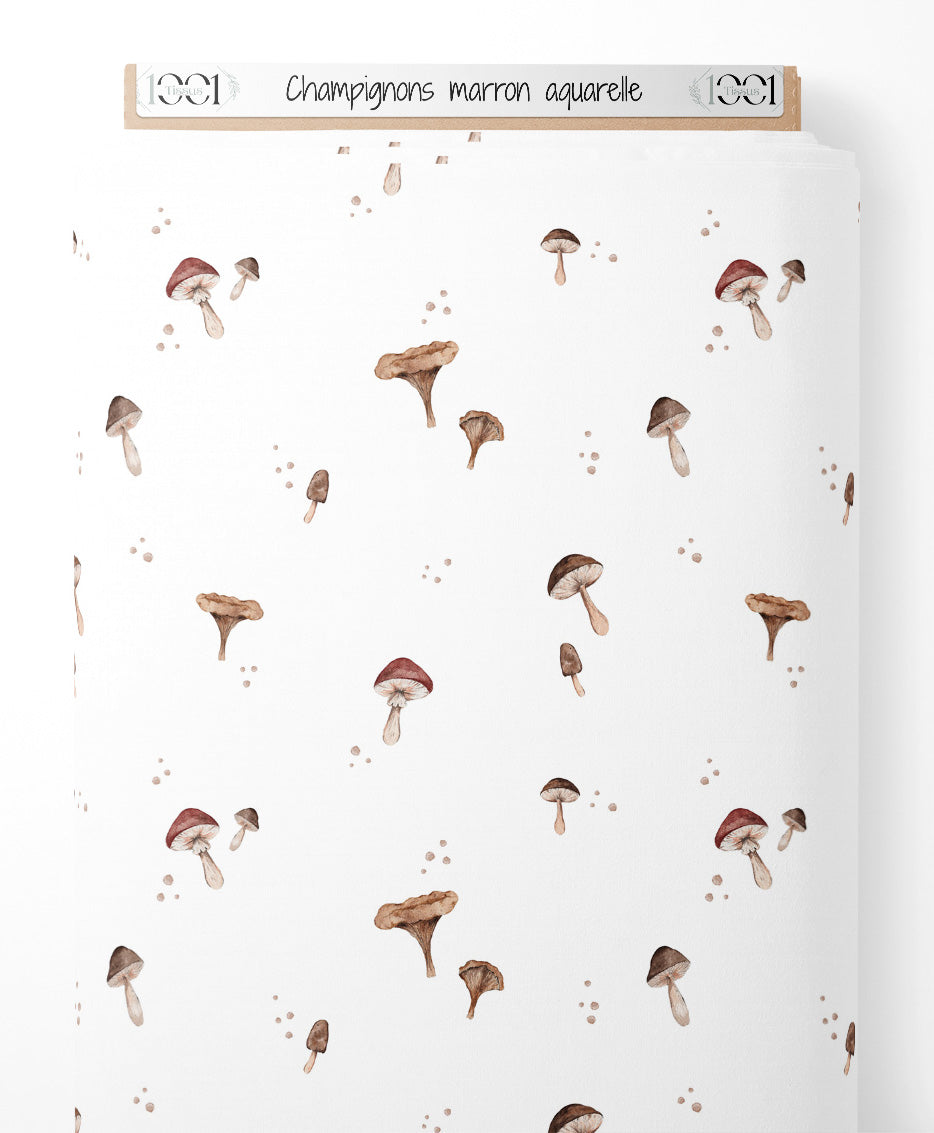 Tissu - Champignons marron aquarelle