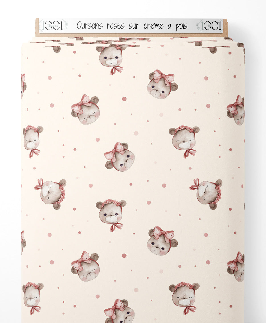 Tissu - Oursons roses sur crème à pois