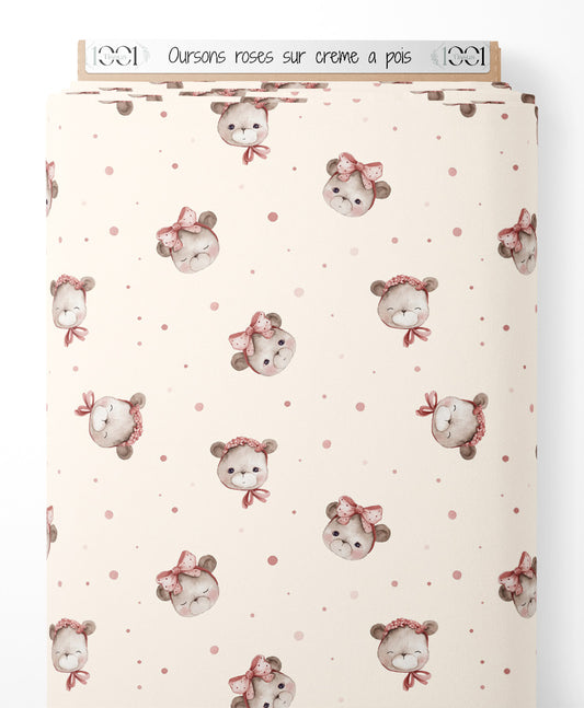 Tissu - Oursons roses sur crème à pois