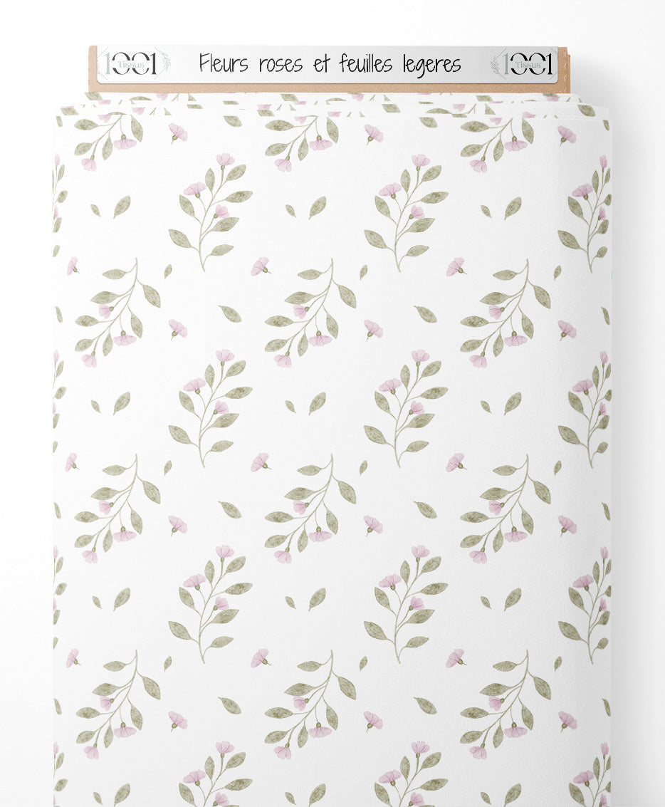 Tissu - Fleurs roses et feuilles légères