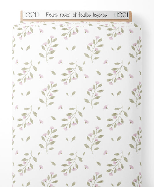 Tissu - Fleurs roses et feuilles légères
