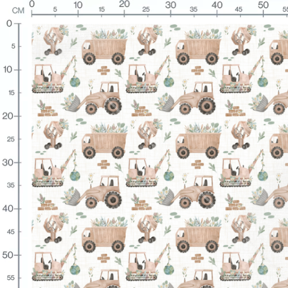 Tissu - Engins de chantier fleuris