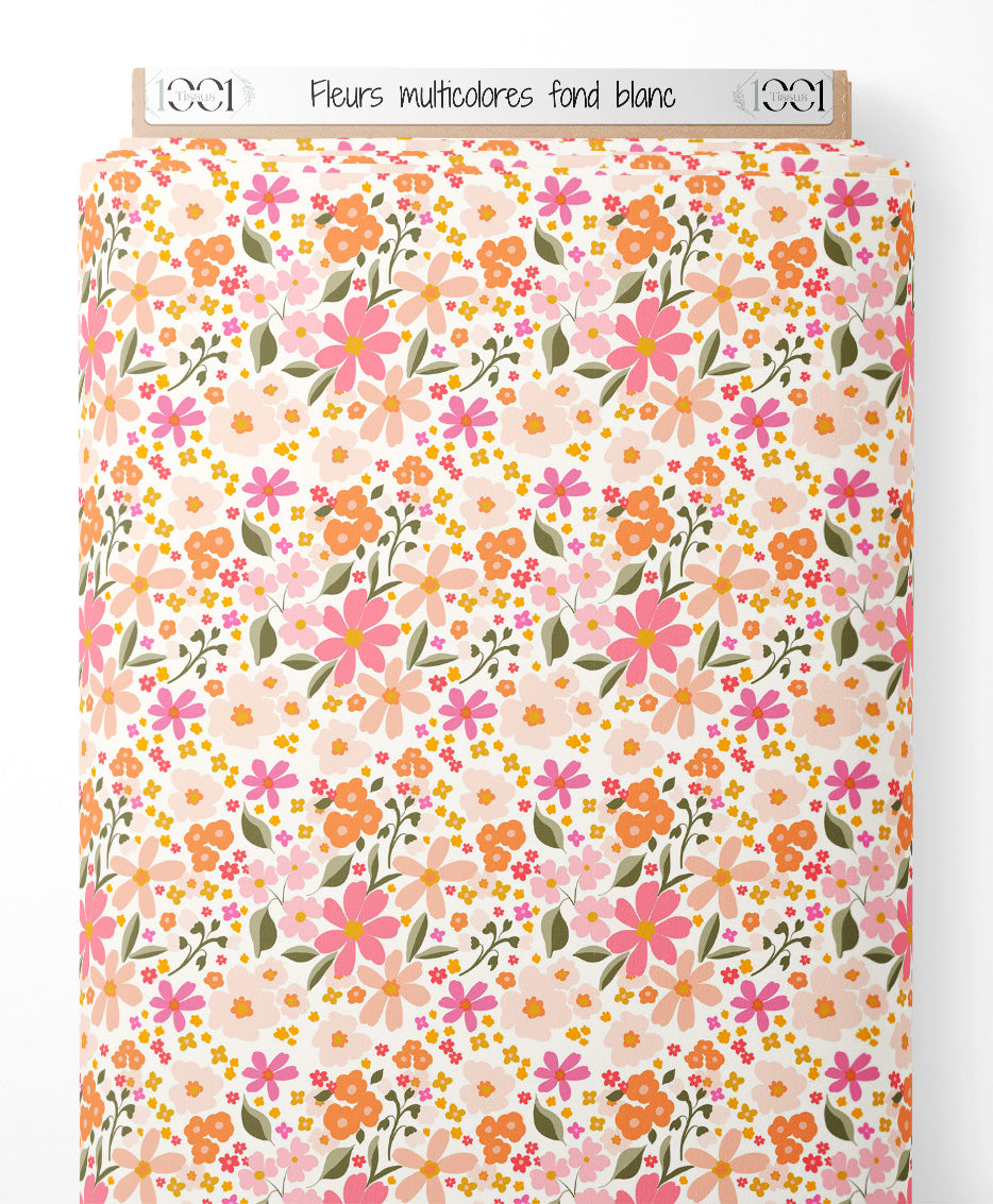 Tissu - Fleurs multicolores sur fond blanc