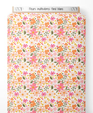 Tissu - Fleurs multicolores sur fond blanc