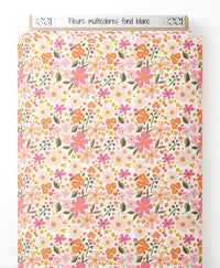 Tissu - Fleurs multicolores sur fond blanc