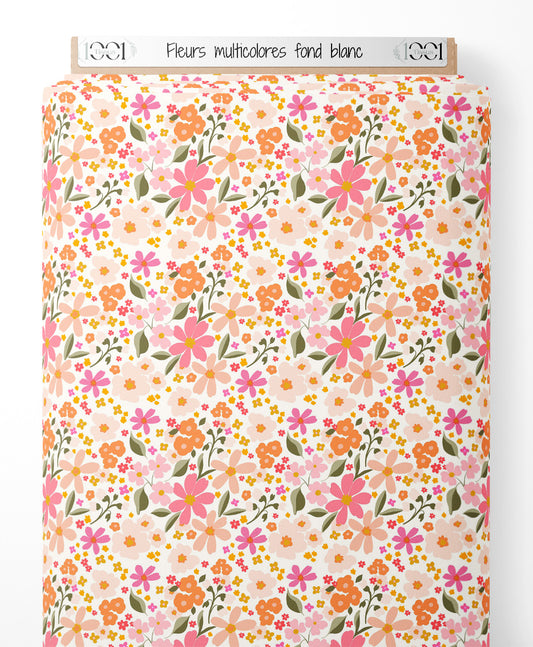 Tissu - Fleurs multicolores sur fond blanc