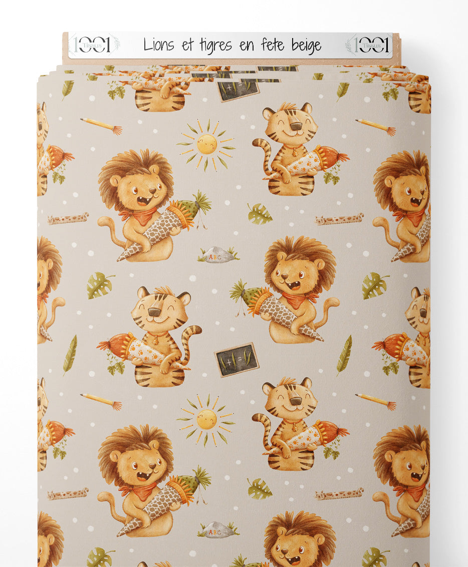Tissu - Lions et tigres en fête beige