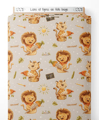 Tissu - Lions et tigres en fête beige