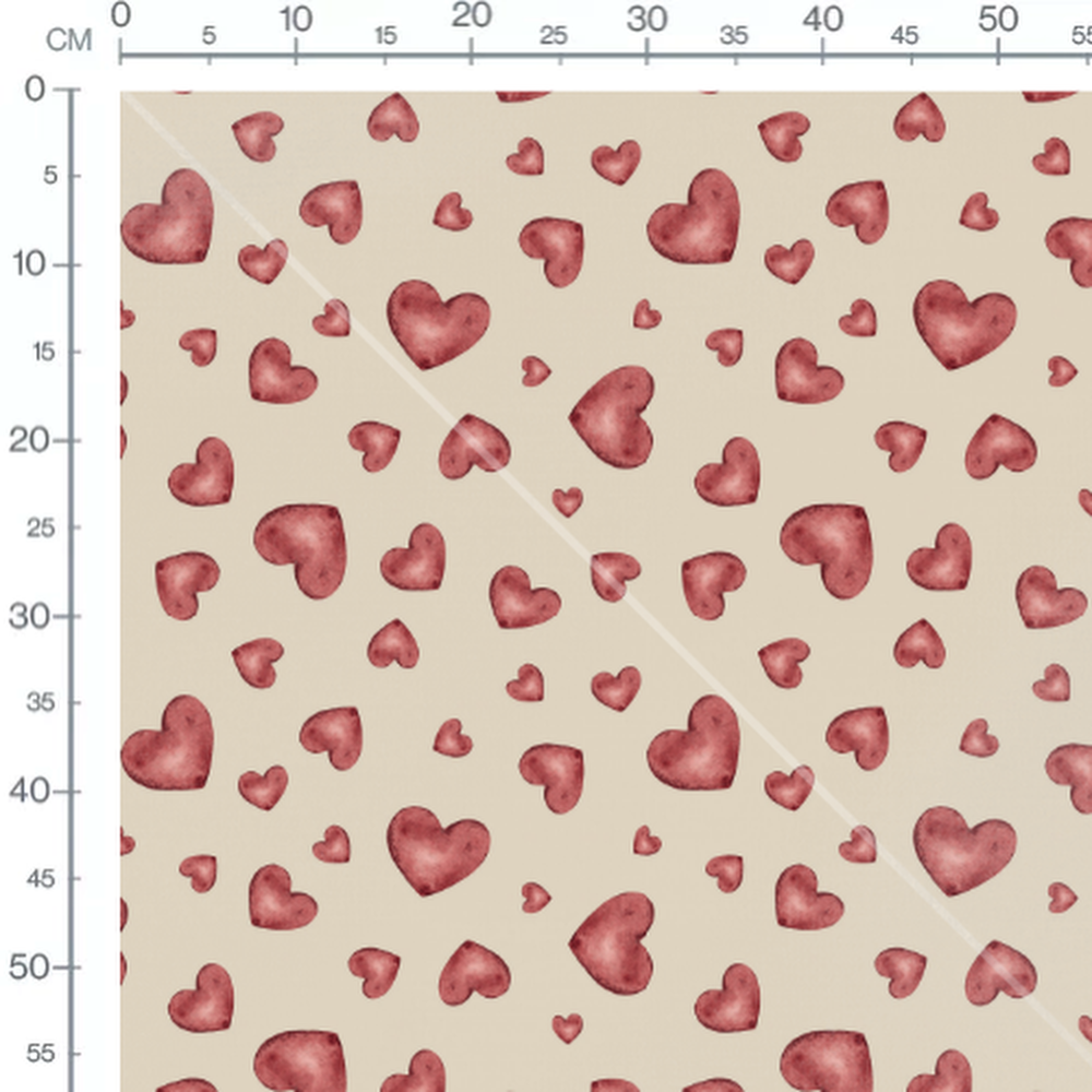 Tissu - Cœurs rouges aquarelle beige 2