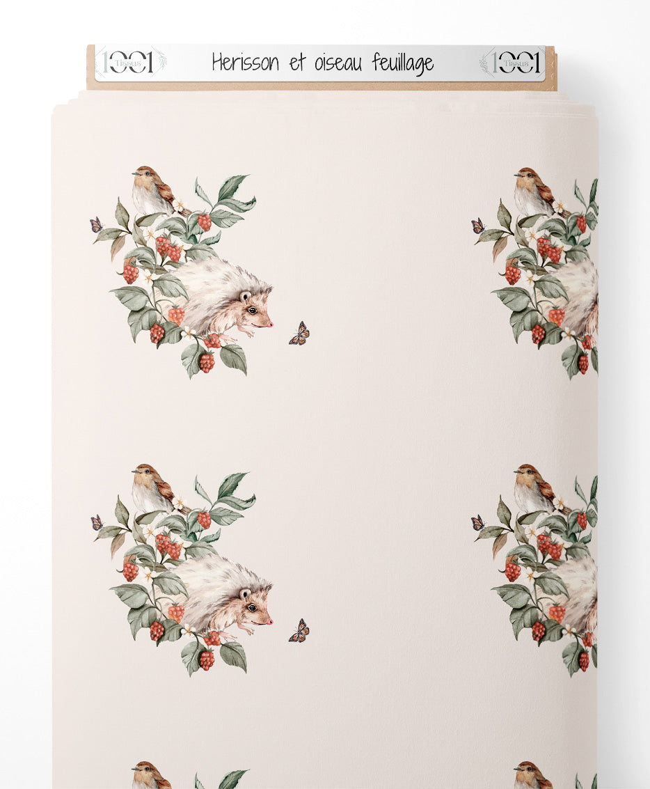 Tissu - Hérisson et oiseau feuillage