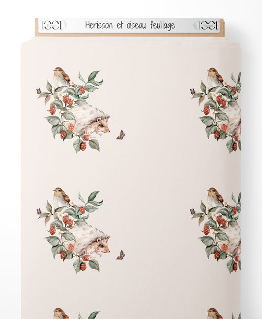 Tissu - Hérisson et oiseau feuillage