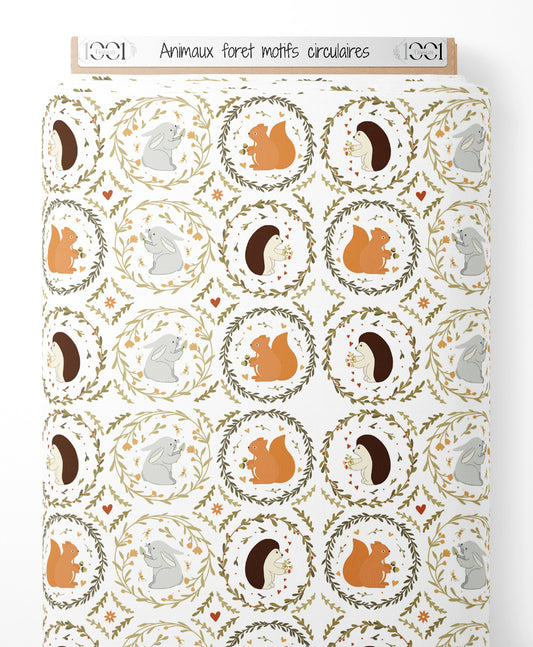 Tissu - Animaux forêt motifs circulaires