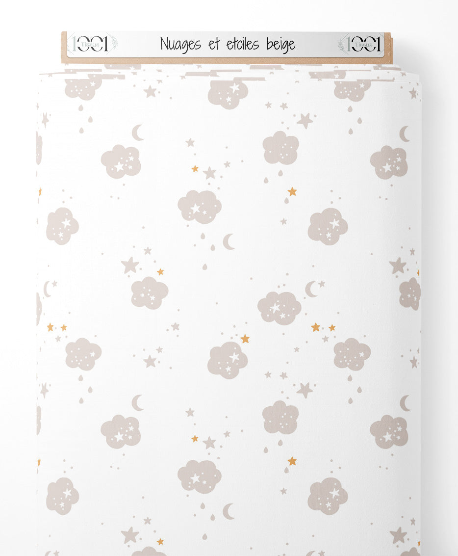 Tissu - Nuages et étoiles beige