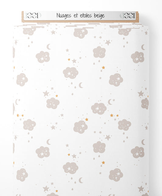 Tissu - Nuages et étoiles beige